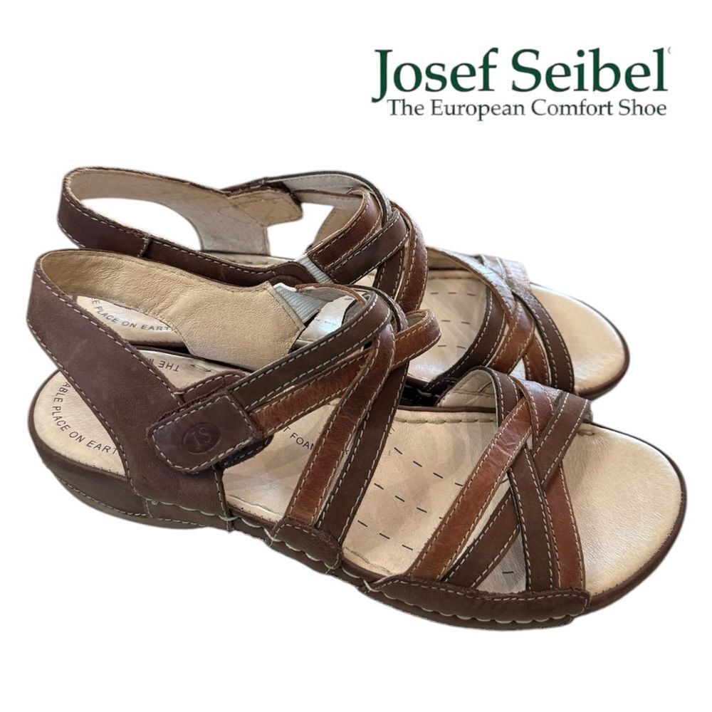 New Josef Seibel Women's Brown Leather Woven Strap Adjustable Sandals 37 6 6.5